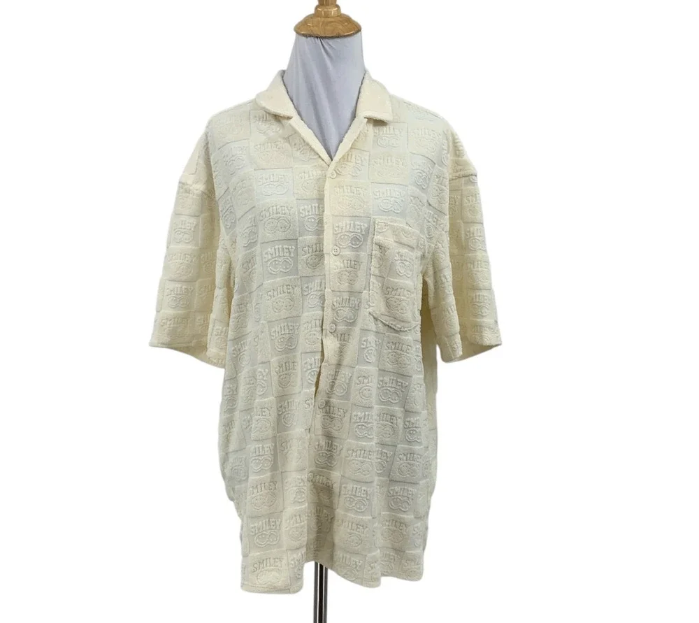 H&M Smiley Shirt Women M Medium Baby Yellow Button Up Relaxed Fit Terry Embossed
